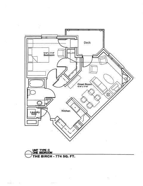 Floor plan for 1 bed, 1 bath, 774 sqft